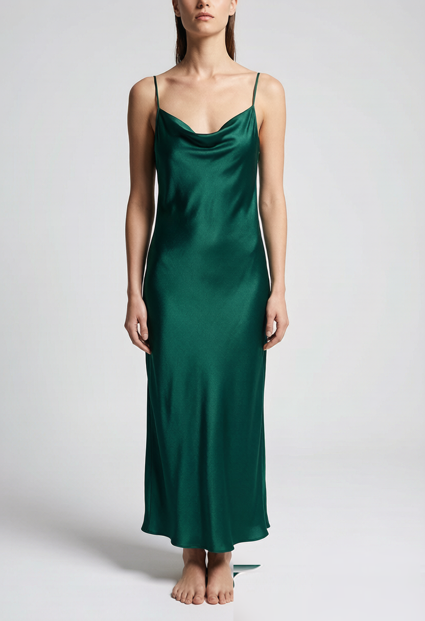 A liquid emerald bias-cut slip gown in 22-momme silk charmeuse. Minimalist, sensual, and impossibly chic — the essence o