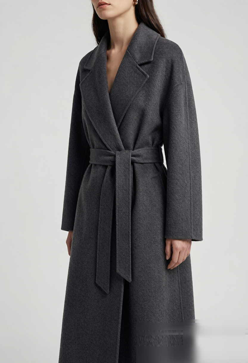 A floor-grazing double-face overcoat in Italian wool-cashmere. The wrap silhouette ties at the waist with a self-belt, a