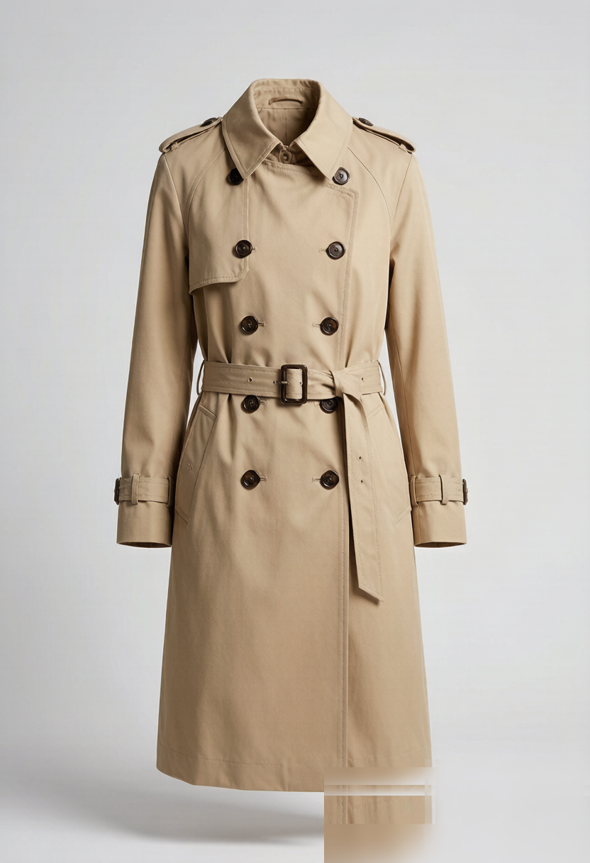 A modern reinterpretation of the classic trench in water-resistant cotton gabardine. Double-breasted with horn buttons,