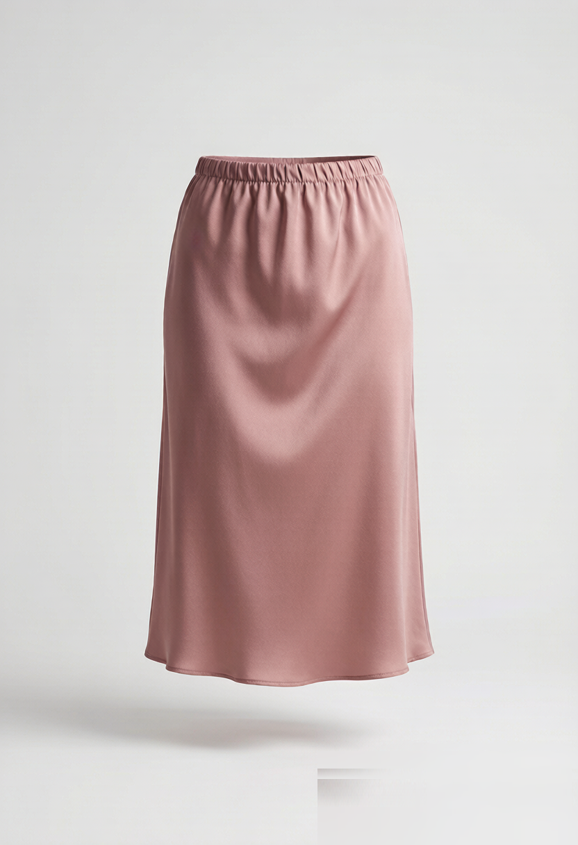 An artfully draped midi skirt in heavyweight satin-back crepe with asymmetric knife pleats. The uneven hemline and fluid